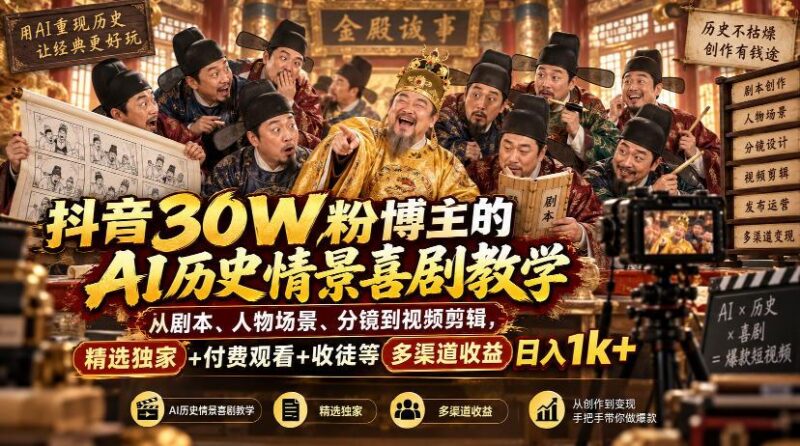 抖音30W粉博主的AI历史情景喜剧教学,从剧本、人物场景、分镜到视频剪辑,精选独家+付费观看+收徒等多渠道收益日入1k+ 三零资源-三零资源