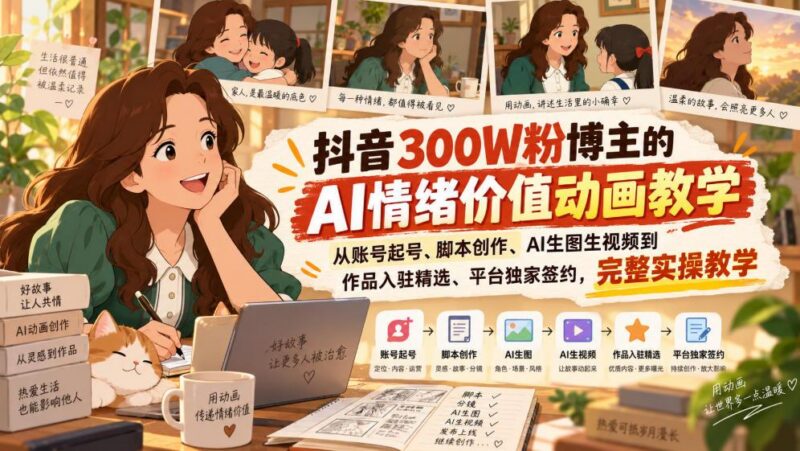 抖音300W粉博主的AI情绪价值动画教学，从账号起号、脚本创作、AI生图生视频到作品入驻精选、平台独家签约，完整实操-三零资源