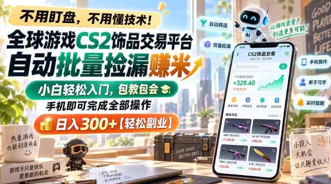 全球游戏CS2饰品交易平台自动批量捡漏賺米,小白轻松入门,包教包会,手机即可完成全部操作,日入300+【揭秘】-三零资源