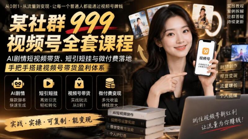 某社群999视频号全套课程,AI剧情短视频带货、短引短挂与微付费落地,手把手搭建视频号带货盈利体系-三零资源