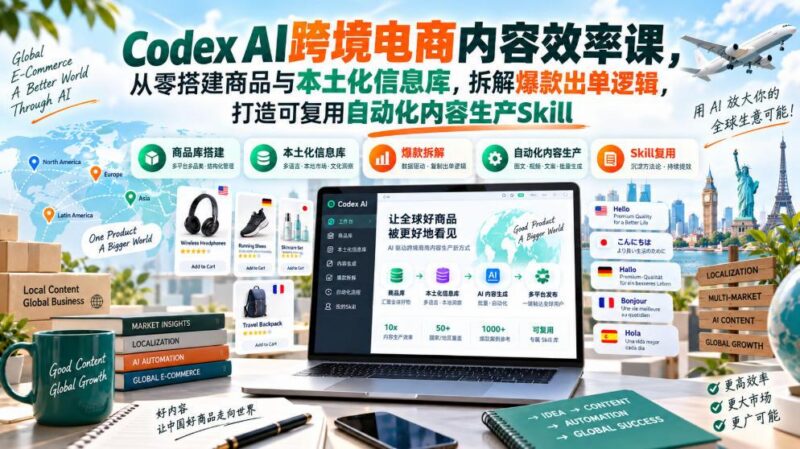 Codex AI跨境电商内容效率课,从零搭建商品与本土化信息库,拆解爆款出单逻辑,打造可复用自动化内容生产Skill-三零资源