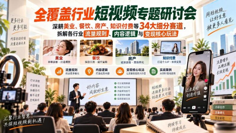 短视频专题研讨会,深耕美业、餐饮、房产、知识付费等34大细分赛道,拆解各行业流量规则、内容逻辑与变现核心玩法-三零资源