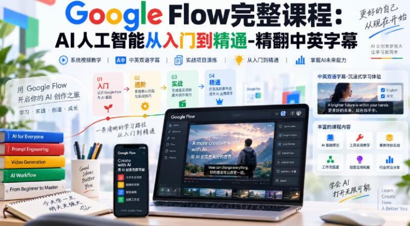 【无水印】Google Flow完整课程:AI人工智能从入门到精通-精翻中英字幕-三零资源