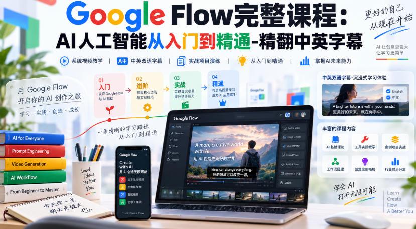 【无水印】Google Flow完整课程:AI人工智能从入门到精通-精翻中英字幕