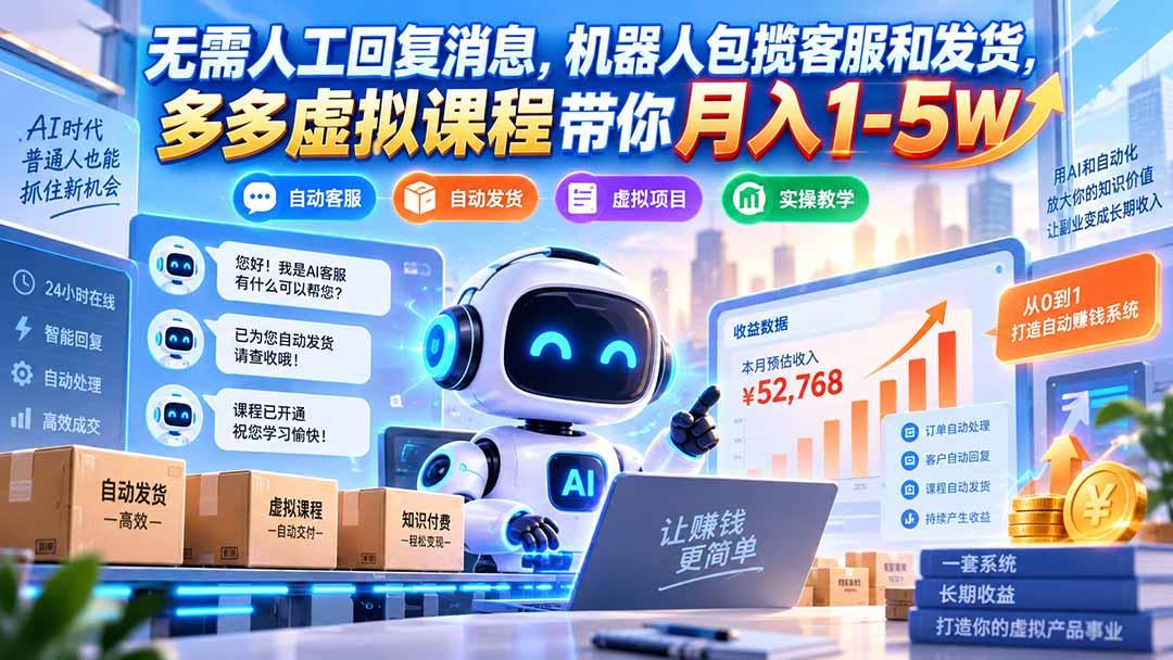 无需人工回复消息,机器人包揽客服和发货,多多虚拟课程带你月入1-5W
