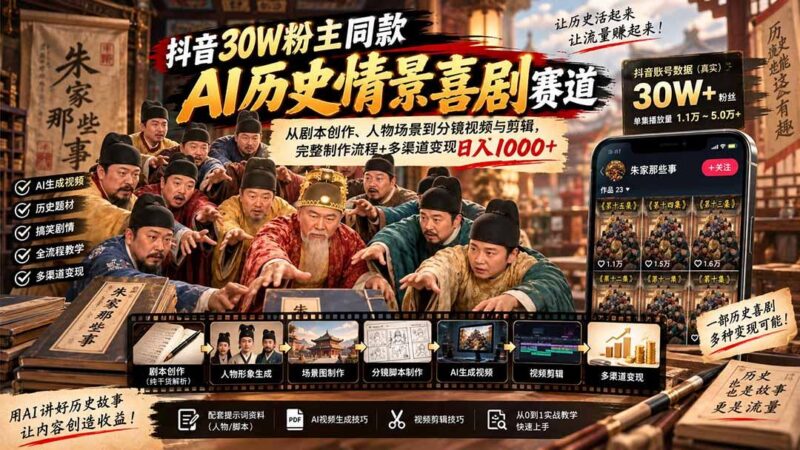 抖音30W粉博主同款AI历史情景喜剧赛道:从剧本创作、人物场景到分镜视频与剪辑,完整制作流程+多渠道变现日入1000+-三零资源
