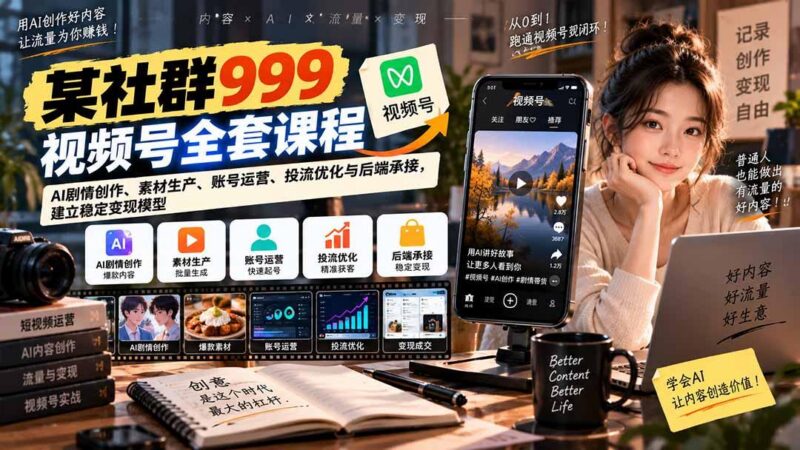 【无水印】某社群999视频号全套课程:AI剧情创作、素材生产、账号运营、投流优化与后端承接,建立稳定变现模型-三零资源