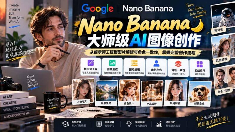 【无水印】Nano Banana大师级AI图像实战课:从提示词工程到图片编辑与角色一致性,掌握完整创作流程-三零资源