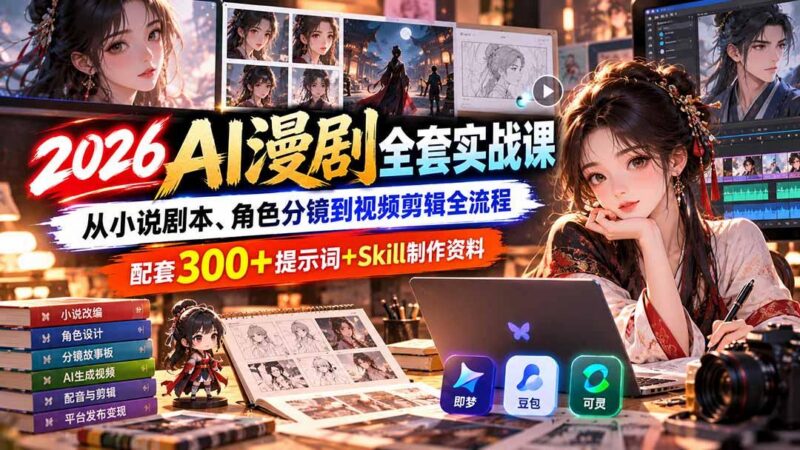 【无水印】2026AI漫剧全套实战课:从小说剧本、角色分镜到视频剪辑全流程,配套300+提示词+Skill制作资料-三零资源