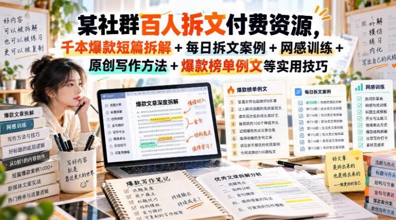某社群百人拆文付费资源,千本爆款短篇拆解+每日拆文案例+网感训练+原创写作方法+爆款榜单例文等实用技巧(持续更新) 三零资源-三零资源
