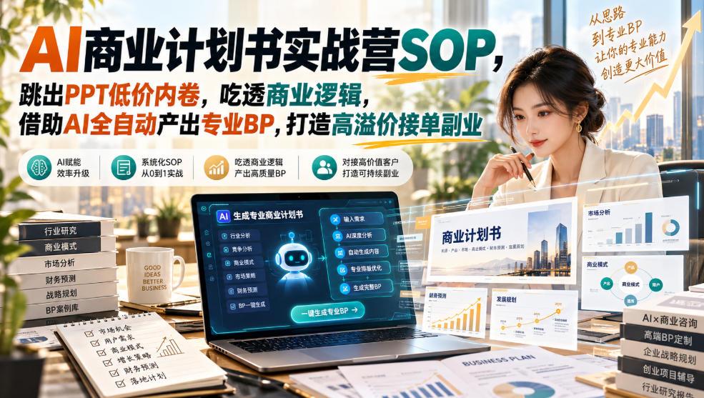 AI商业计划书实战营SOP,跳出PPT低价内卷,吃透商业逻辑,借助AI全自动产出专业BP,打造高溢价接单副业