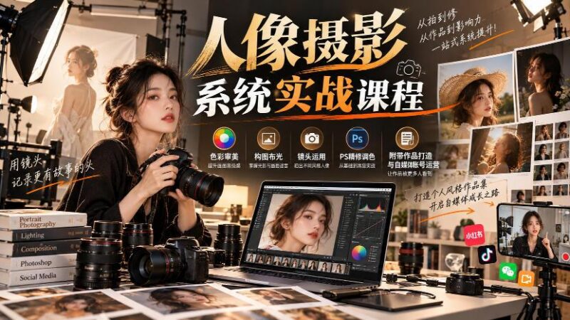 【无水印】人像摄影系统实战课程，色彩审美、构图布光、镜头运用、PS精修调色，附带作品打造与自媒体账号运营-三零资源