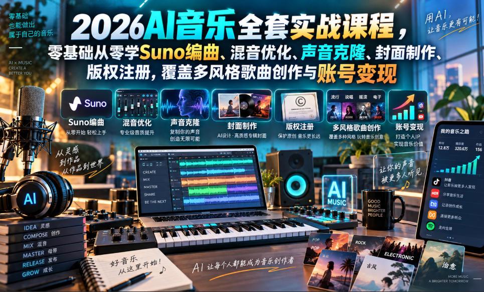2026AI音乐实战课程,零基础从零学Suno编曲、混音优化、声音克隆、版权注册,覆盖多风格歌曲创作与账号变现(更新0924)