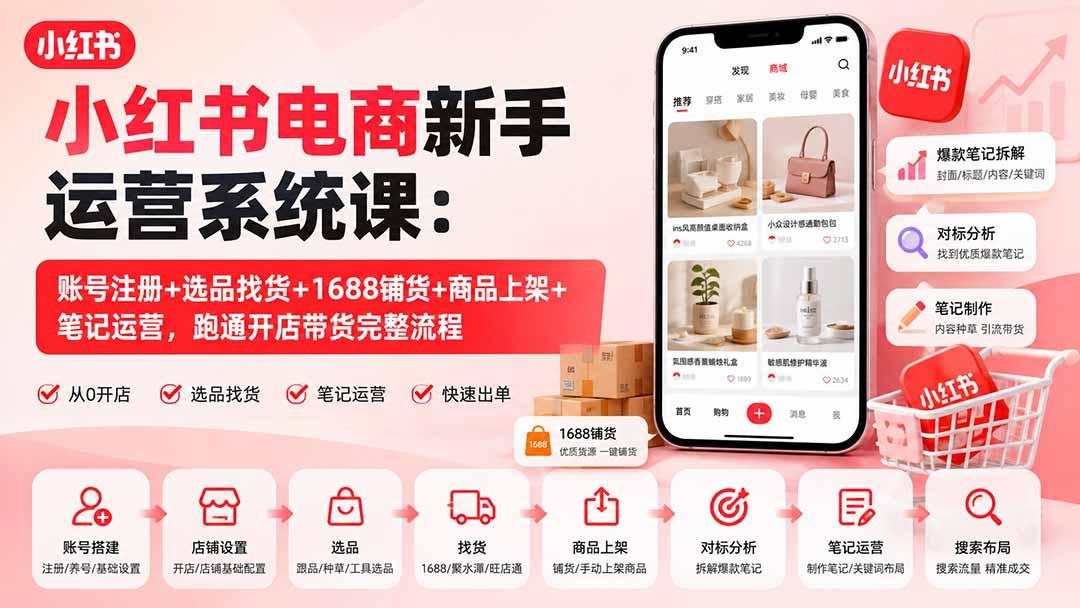 小红书电商新手运营系统课:账号注册+选品找货+1688铺货+商品上架+笔记运营,跑通开店带货完整流程