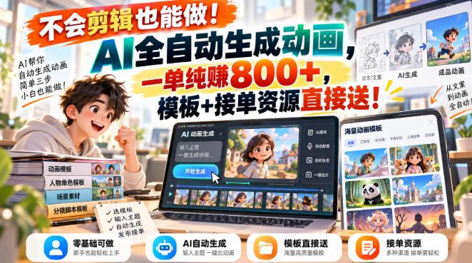 不会剪辑也能做!AI全自动生成动画,一单纯賺800+,模板+接单资源直接送!【揭秘】-三零资源