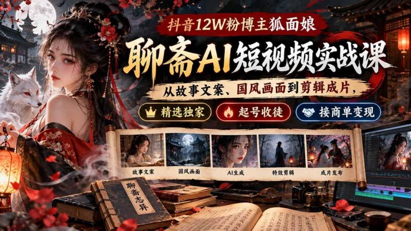 抖音12W粉博主狐面娘-聊斋AI短视频实战课:从故事文案、国风画面到剪辑成片,精选独家+起号收徒+接商单变现-三零资源