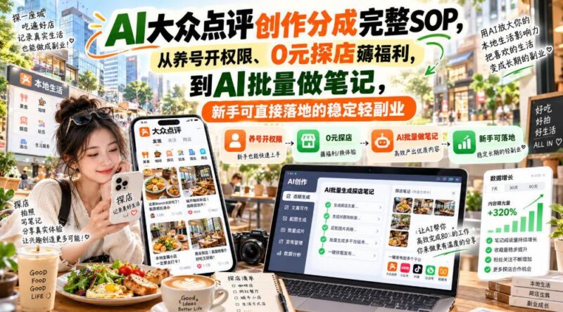 【无水印】AI大众点评创作分成完整SOP,从养号开权限、0元探店薅福利,到AI批量做笔记,新手可直接落地的稳定轻副业 三零资源-三零资源