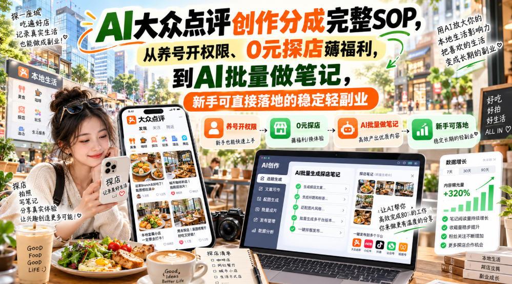 【无水印】AI大众点评创作分成完整SOP,从养号开权限、0元探店薅福利,到AI批量做笔记,新手可直接落地的稳定轻副业