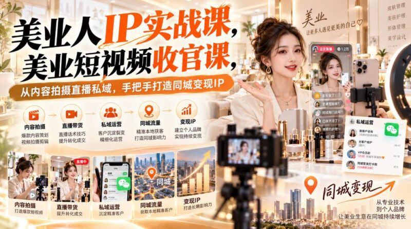 【无水印】美业人IP实战课,美业短视频收官课,从内容拍摄直播私域,手把手打造同城变现IP-三零资源