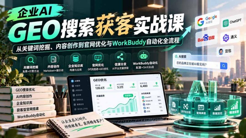 企业AI GEO搜索获客实战课:从关键词挖掘、内容创作到官网优化与WorkBuddy自动化全流程 三零资源-三零资源