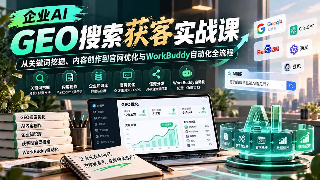 企业AI GEO搜索获客实战课:从关键词挖掘、内容创作到官网优化与WorkBuddy自动化全流程