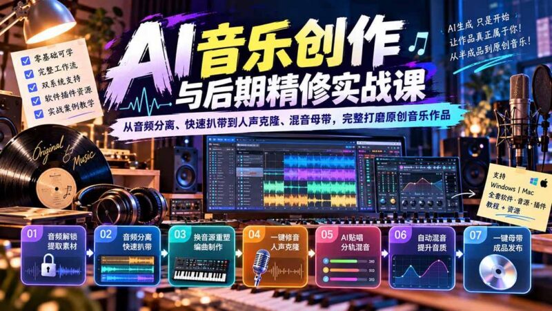AI音乐创作与后期精修实战课:从音频分离、快速扒带到人声克隆、混音母带,完整打磨原创音乐作品-三零资源