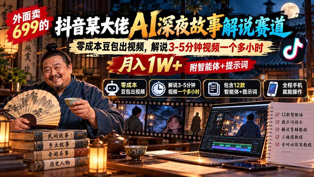 外面卖699的抖音某大佬AI深夜故事解说赛道:零成本豆包出视频,解说3-5分钟视频一个多小时,月入1W+附智能体+提示词
