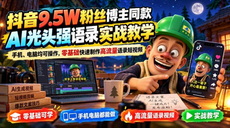 抖音9.5W粉丝博主同款AI光头强语录实战教学,手机、电脑均可操作,零基础快速制作高流量语录短视频 三零资源-三零资源