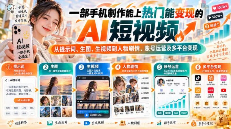 【无水印】一部手机制作能上热门能变现的AI短视频,从提示词、生图、生视频到人物剧情、账号运营及多平台变现 三零资源-三零资源