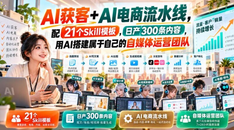 AI获客+AI电商流水线，配21个Skill模板，日产300条内容，用AI搭建属于自己的自媒体运营团队 三零资源-三零资源