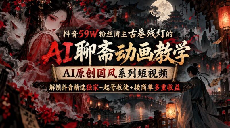 抖音59W粉丝博主古卷残灯的AI聊斋动画教学,AI原创国风系列短视频,解锁抖音精选独家+起号收徒+接商单多重收益-三零资源