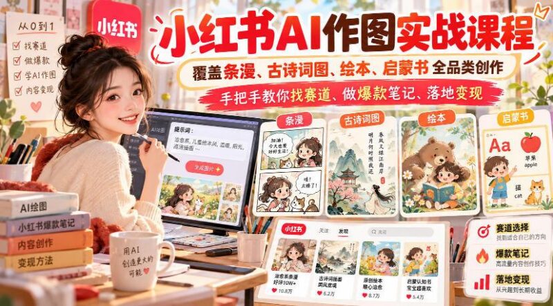 小红书AI作图实战课程,覆盖条漫、古诗词图、绘本、启蒙书全品类创作,手把手教你找赛道、做爆款笔记、落地变现-三零资源