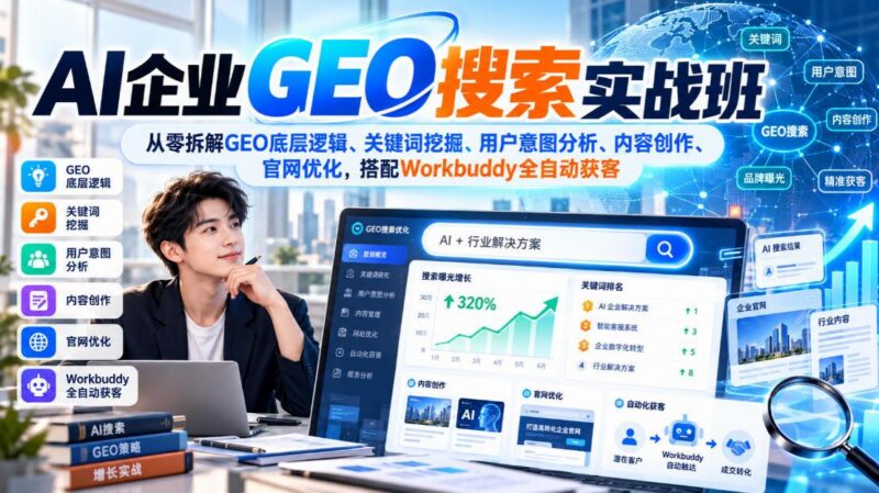 AI企业GEO搜索实战班,从零拆解GEO底层逻辑、关键词挖掘、用户意图分析、内容创作、官网优化,搭配Workbuddy全自动获客-三零资源