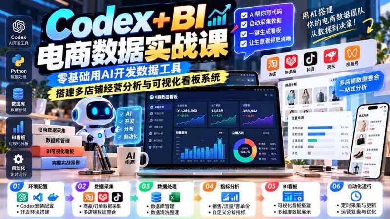 Codex+BI电商数据实战课:零基础用AI开发数据工具,搭建多店铺经营分析与可视化看板系统-三零资源