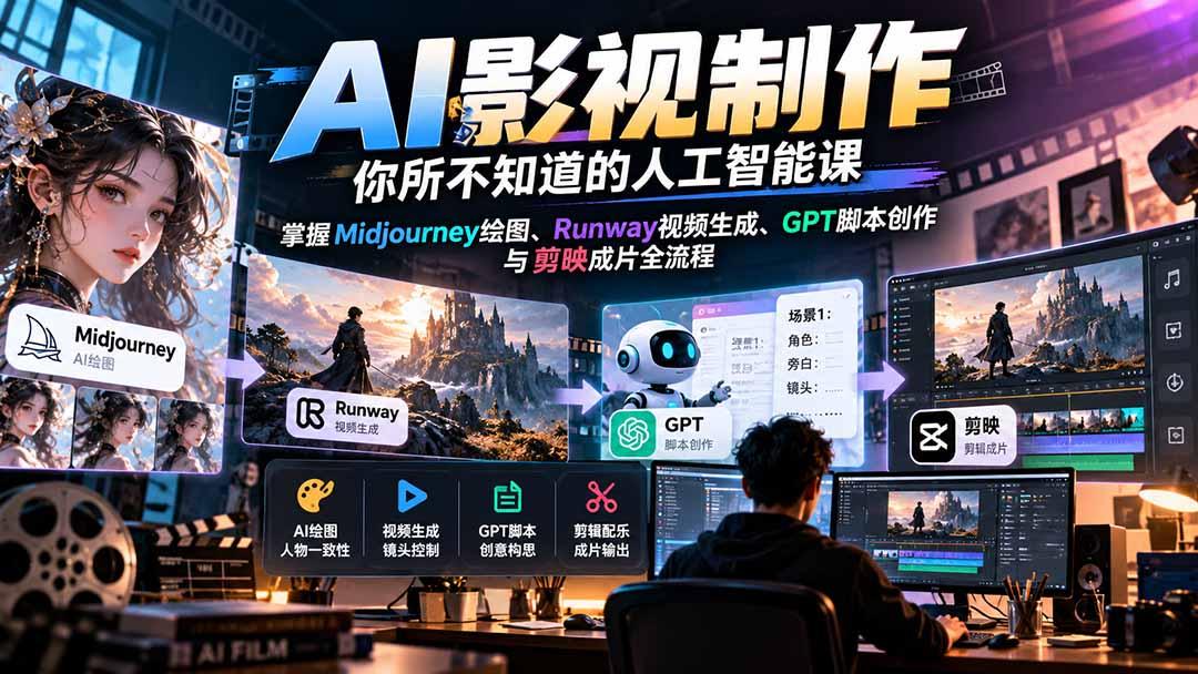 【无水印】AI影视制作-你所不知道的人工智能课,掌握Midjourney绘图、Runway视频生成、GPT脚本创作与剪映成片全流程