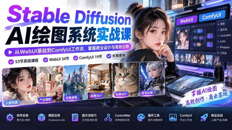【无水印】Stable Diffusion AI绘图系统实战课：从WebUI基础到ComfyUI工作流，掌握商业设计与高效出图-三零资源