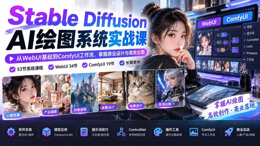 【无水印】Stable Diffusion AI绘图系统实战课:从WebUI基础到ComfyUI工作流,掌握商业设计与高效出图