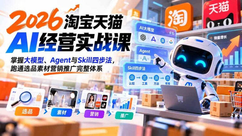 【无水印】2026淘宝天猫AI经营实战课：掌握大模型、Agent与Skill四步法，跑通选品素材营销推广完整体系-三零资源