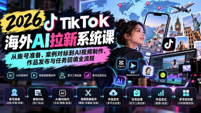 【无水印】2026 TikTok海外AI拉新系统课：从账号准备、案例对标到AI视频制作、作品发布与任务回填全流程-三零资源