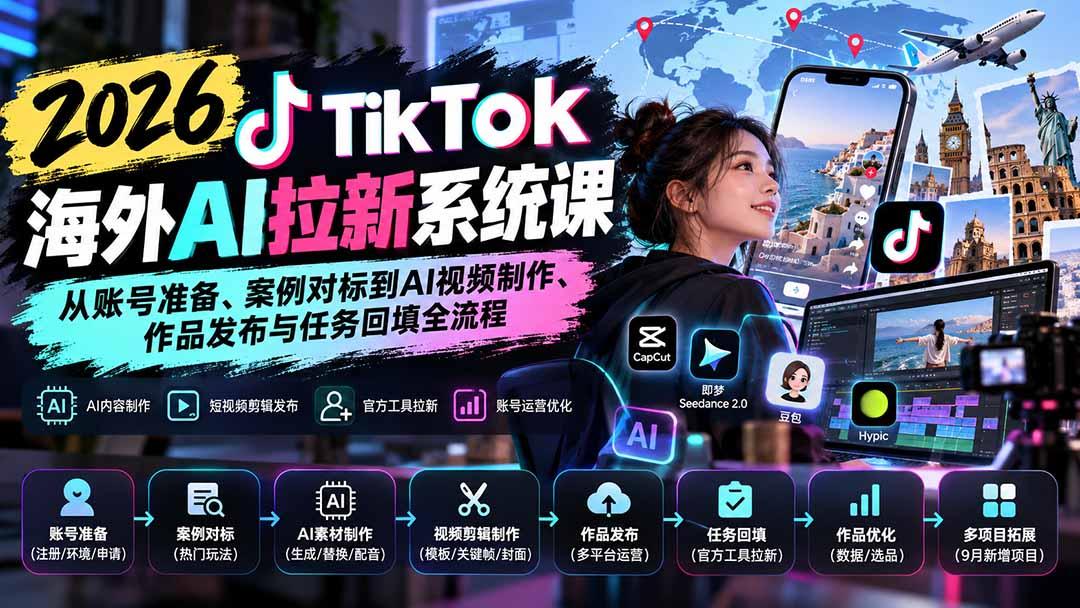 【无水印】2026 TikTok海外AI拉新系统课:从账号准备、案例对标到AI视频制作、作品发布与任务回填全流程