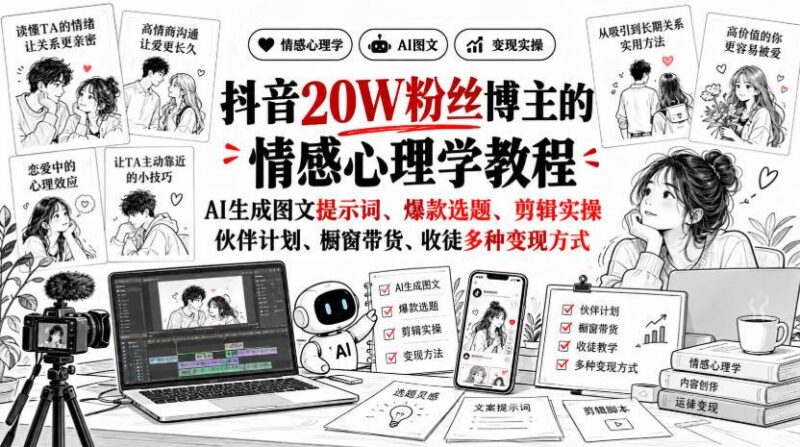 抖音20W粉丝博主静候心声的情感心理学教程，AI生成图文提示词、爆款选题、剪辑实操，伙伴计划、橱窗带货、收徒多种变现方式-三零资源