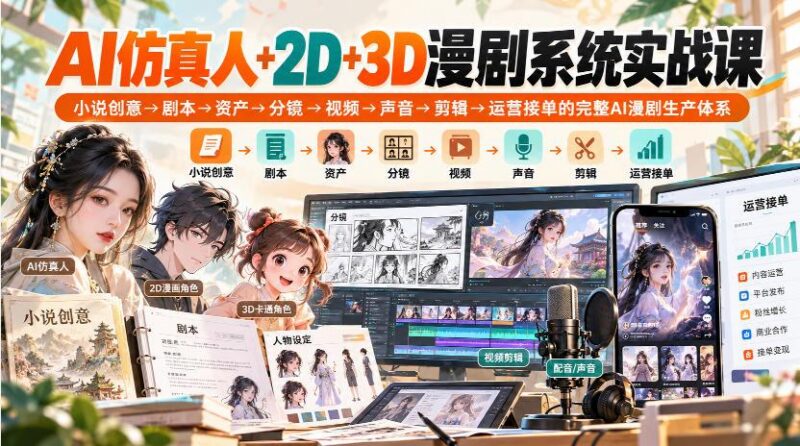 【无水印】AI仿真人+2D+3D漫剧系统实战课，小说创意→剧本→资产→分镜→视频→声音→剪辑→运营接单的完整AI漫剧生产体系-三零资源