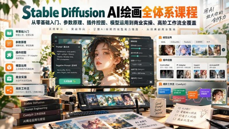 【无水印】Stable Diffusion AI绘画全体系课程,从零基础入门、参数原理、插件控图、模型运用到商业实操、高阶工作流全覆盖 三零资源-三零资源