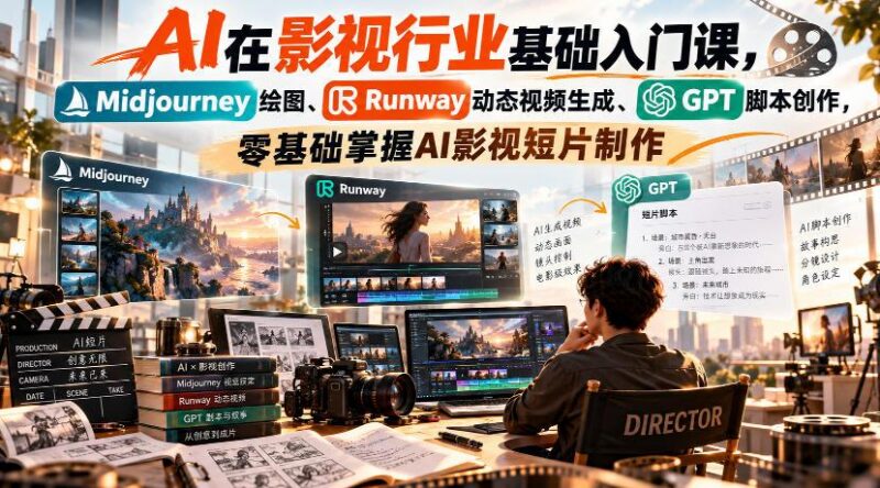 【无水印】AI在影视行业基础入门课,Midjourney绘图、Runway动态视频生成、GPT脚本创作,零基础掌握AI影视短片制作-三零资源