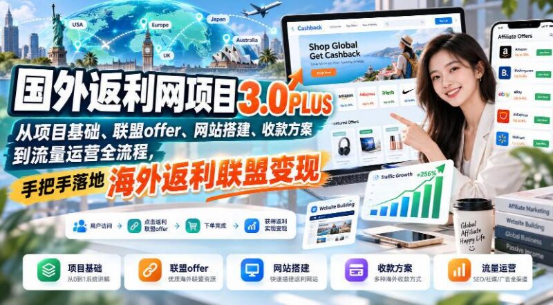 国外返利网项目3.0PLUS,从项目基础、联盟offer、网站搭建、收款方案到流量运营全流程,手把手落地海外返利联盟变现-三零资源