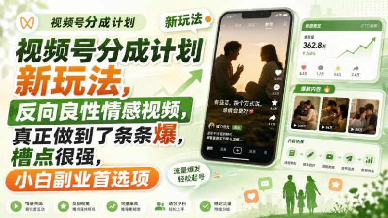 视频号分成计划新玩法，反向良性情感视频，真正做到了条条爆，槽点很强，小白副业首选项 三零资源-三零资源