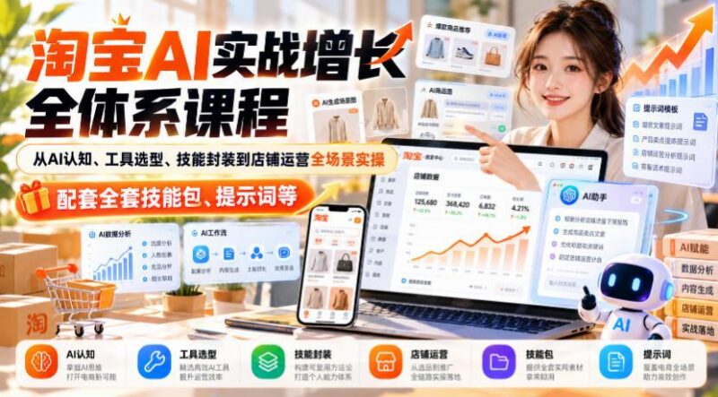淘宝AI实战增长全体系课程，从AI认知、工具选型、技能封装到店铺运营全场景实操，配套全套技能包、提示词等-三零资源