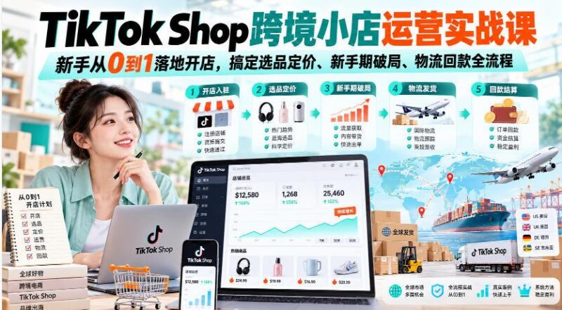 TikTok Shop跨境小店运营实战课，新手从0到1落地开店，搞定选品定价、新手期破局、物流回款全流程-三零资源