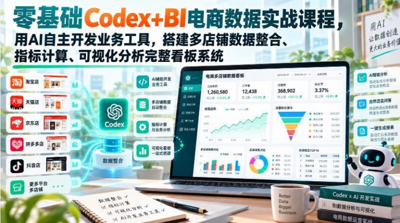 零基础Codex+BI电商数据实战课程,用AI自主开发业务工具,搭建多店铺数据整合、指标计算、可视化分析完整看板系统-三零资源