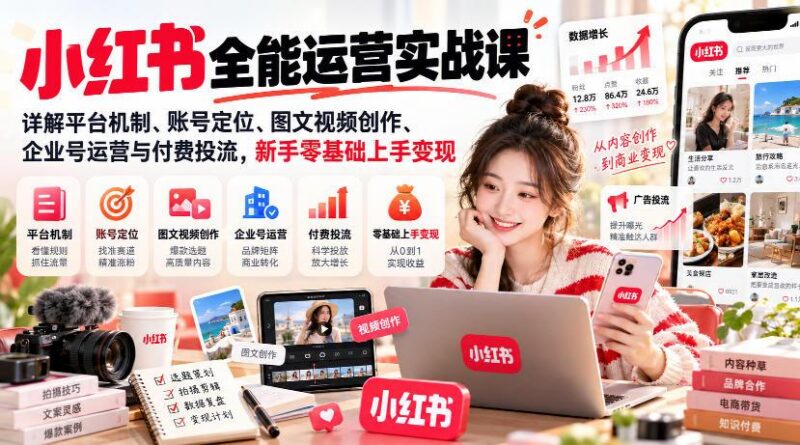 小红书全能运营实战课,详解平台机制、账号定位、图文视频创作、企业号运营与付费投流,新手零基础上手变现-三零资源